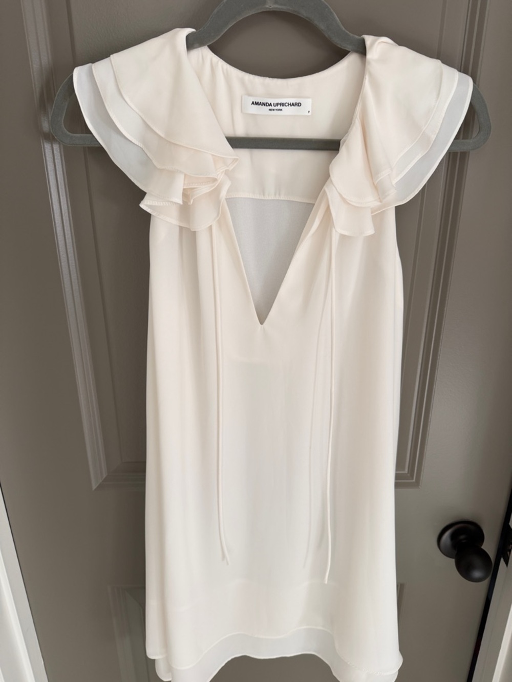 Amanda Uprichard Ivory Ruffle Collar V-Neck Dress size P “small”